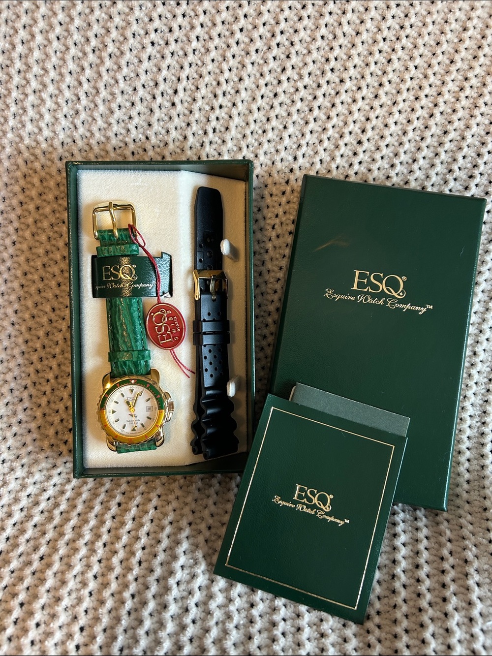 Movado ESQ Green Leather Strap Watch with Gold Case and Black Rubber Spare